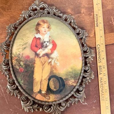Vintage Print: Master Simpson by Arthur Devis - Boy With Top Hat & Dog - Oval Hollywood Regency Bubble Glass