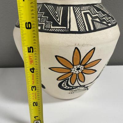 Sale Photo Thumbnail #51: White painted vase with black rooster and flower
Signed
