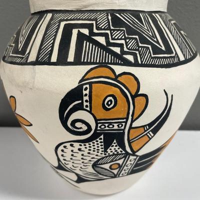 Sale Photo Thumbnail #50: White painted vase with black rooster and flower
Signed