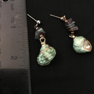 Cute, green gold, gilded shell dangle earrings