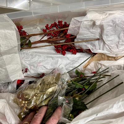 Tub of artificial foliage (mostly holiday)