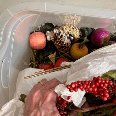 Tub of artificial foliage (mostly holiday)