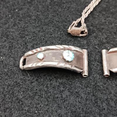 NATIVE AMERICAN MADE SILVER & TURQUOISE WATCH BAND AND PENDANT ON SILVER CHAIN