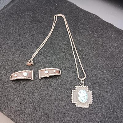 NATIVE AMERICAN MADE SILVER & TURQUOISE WATCH BAND AND PENDANT ON SILVER CHAIN