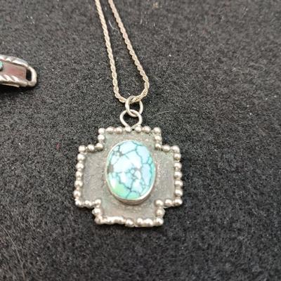 NATIVE AMERICAN MADE SILVER & TURQUOISE WATCH BAND AND PENDANT ON SILVER CHAIN