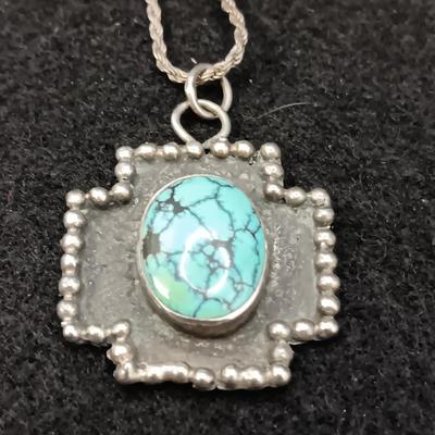 NATIVE AMERICAN MADE SILVER & TURQUOISE WATCH BAND AND PENDANT ON SILVER CHAIN