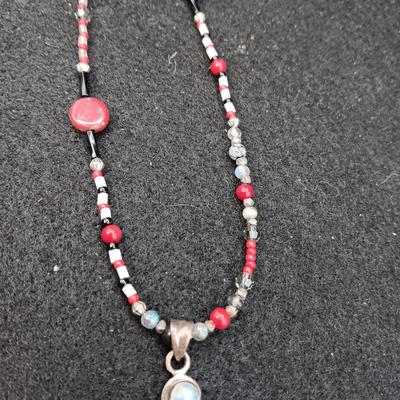 STERLING HEART PENDANT W/CORAL STONE AND BEADED NECKLACE W/STERLING PENDANT
