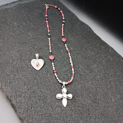 STERLING HEART PENDANT W/CORAL STONE AND BEADED NECKLACE W/STERLING PENDANT
