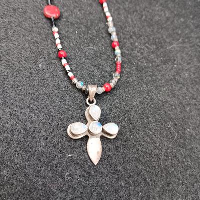 STERLING HEART PENDANT W/CORAL STONE AND BEADED NECKLACE W/STERLING PENDANT