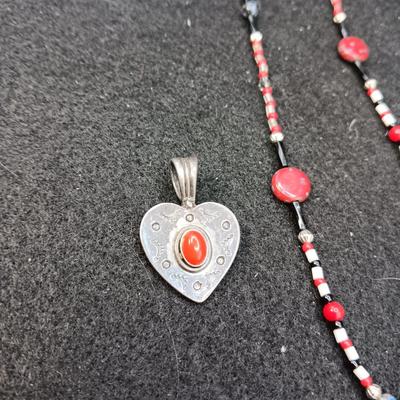 STERLING HEART PENDANT W/CORAL STONE AND BEADED NECKLACE W/STERLING PENDANT
