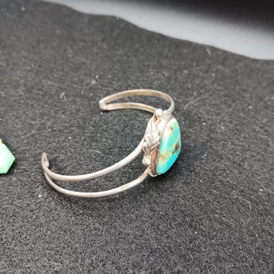 TURQUOISE EARRINGS AND STERLING BRACELET W/TURQUOISE STONE