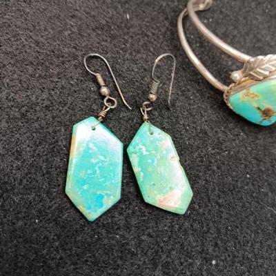 TURQUOISE EARRINGS AND STERLING BRACELET W/TURQUOISE STONE
