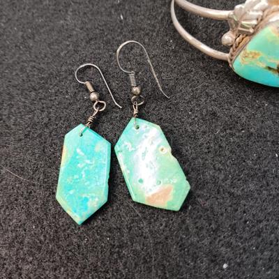 TURQUOISE EARRINGS AND STERLING BRACELET W/TURQUOISE STONE