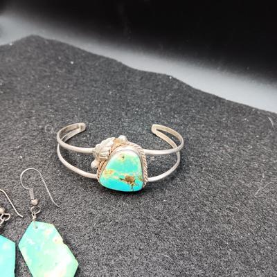 TURQUOISE EARRINGS AND STERLING BRACELET W/TURQUOISE STONE