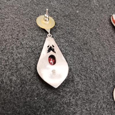 STERLING EARRINGS AND RING (SIZE 6 1/2) WITH RED STONES