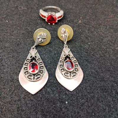 STERLING EARRINGS AND RING (SIZE 6 1/2) WITH RED STONES