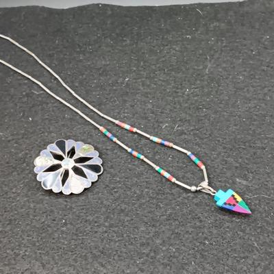 STERLING PIN AND BEADED STERLING NECKLACE