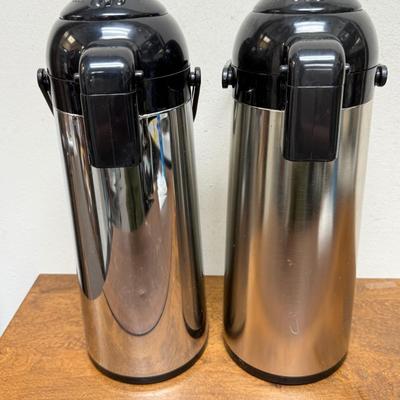 Lot of 2 Large Thermos with pump dispenser for coffee or other beverages