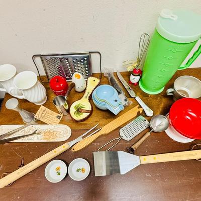 Misc. Vintage Lot - Kitchen tools grater, pitcher, spatulas, measuring cups coffee mugs spoon rest etc