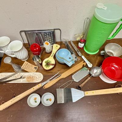 Misc. Vintage Lot - Kitchen tools grater, pitcher, spatulas, measuring cups coffee mugs spoon rest etc