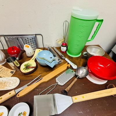 Misc. Vintage Lot - Kitchen tools grater, pitcher, spatulas, measuring cups coffee mugs spoon rest etc