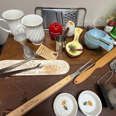 Misc. Vintage Lot - Kitchen tools grater, pitcher, spatulas, measuring cups coffee mugs spoon rest etc