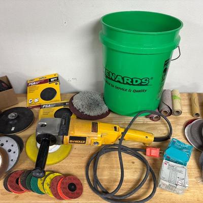 Dewalt sander & sandpaper in bucket