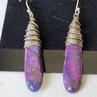 Sale Photo Thumbnail #354: 1.  Wire Wrap Drop earrings 
2.  Amethyst and Turquoise stones set in silver , pierced

Purple turquoise is also know as purple copper turquoise or Mohave turquoise.
Retail at $200