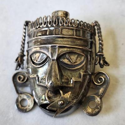 Sterling Mayan Aztec Tribal Face Pin-Pendant