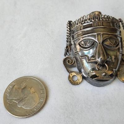 Sterling Mayan Aztec Tribal Face Pin-Pendant
