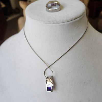 Sale Photo Thumbnail #396: Lovely amethyst and opal pendant and matching ring, set in 925 silver.  RIng is size 7