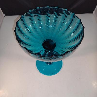 Vintage Twisted Stem Pedestal Art Glass Bowl- Possibly Empoli- Approx 9 1/2" Tall