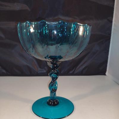 Vintage Twisted Stem Pedestal Art Glass Bowl- Possibly Empoli- Approx 9 1/2" Tall