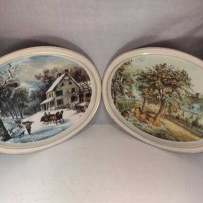 Pair of Currier & Ives Inspired Trays- Approx 11 1/2" x 14 1/2"
