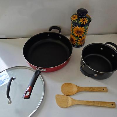 Kitchen Cookware & Utensil Lot – Nonstick Pans, Sunflower Jar