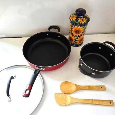 Kitchen Cookware & Utensil Lot – Nonstick Pans, Sunflower Jar
