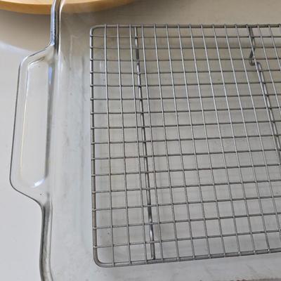 Baking & Kitchen Essentials Lot – Pyrex, Glassware, Cooling Rack, Turntables / Lazy susans