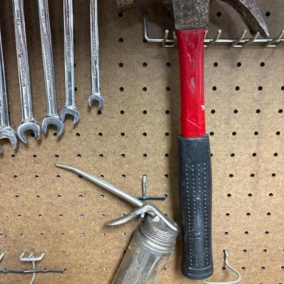 Clear wrench set, hammer, oil can