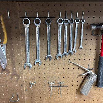 Clear wrench set, hammer, oil can