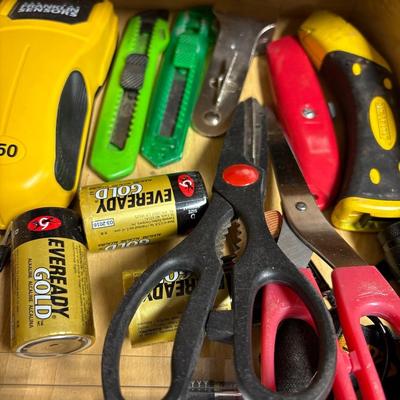 Stud finder, utility knife, batteries, flashlights