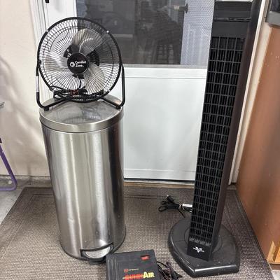 Trash can, 2 fans, air compressor for car