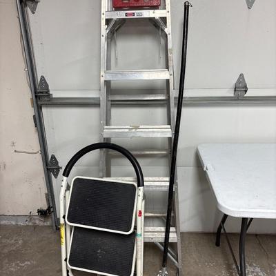 Keller 6’ aluminum ladder, stepladder, broom & board