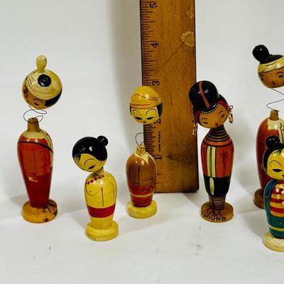 Vintage Japanese Kokeshi Wooden Spindle Peg Doll Figures Lot