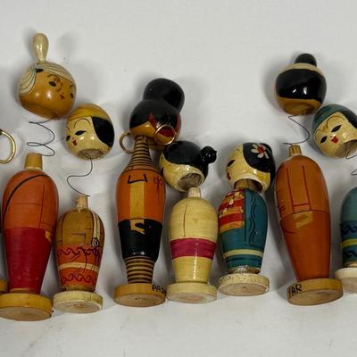 Vintage Japanese Kokeshi Wooden Spindle Peg Doll Figures Lot