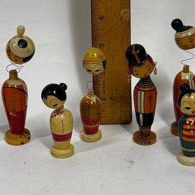 Vintage Japanese Kokeshi Wooden Spindle Peg Doll Figures Lot