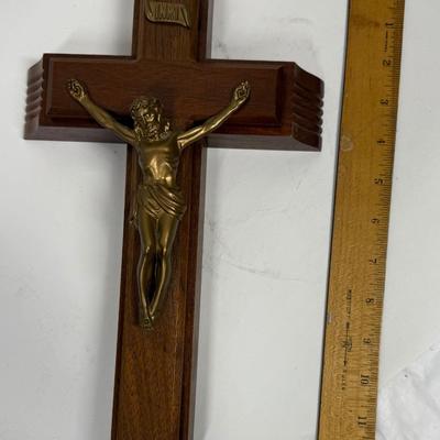 Vintage Wood INRI Catholic Last Rites Jesus Crucifix Cross 12" tall w/ sliding cross stash box for holy water and candles.
