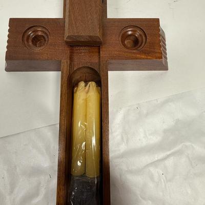 Vintage Wood INRI Catholic Last Rites Jesus Crucifix Cross 12" tall w/ sliding cross stash box for holy water and candles.