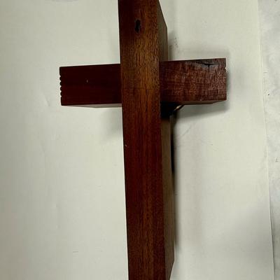 Vintage Wood INRI Catholic Last Rites Jesus Crucifix Cross 12" tall w/ sliding cross stash box for holy water and candles.