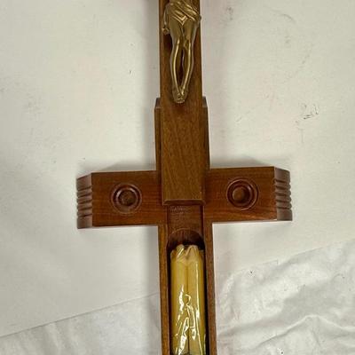 Vintage Wood INRI Catholic Last Rites Jesus Crucifix Cross 12" tall w/ sliding cross stash box for holy water and candles.