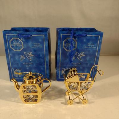 Pair of Crystal Temptations Swarovski Crystal 24 Kt Gold Plated Figurines- Teapot and Baby Carriage